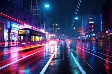 Fototapeta na wymiar Car lights speed motion. Ai art. Night cityscape 