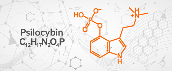 Psilocybin alkaloid molecule. It is naturally psychedelic prodrug. Structural chemical formula.