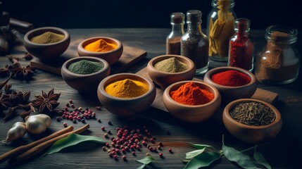 Still life with spices and herbs on wooden table, Generative AI