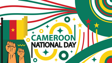Cameroon National Day vector banner design with geometric retro shapes, Cameroon flag colors and typography. Cameroon National Day modern retro poster background illustration. 20 May holiday