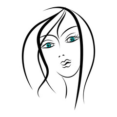 Face of a beautiful yuong woman with blue eyes. Line art. Vector illustration.