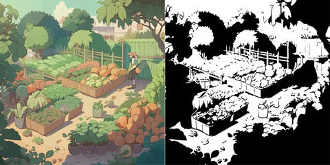 Girl in the summer garden with vegetables and fruits