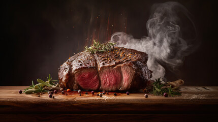 Fresh juicy delicious steak with spices and herbs on a dark background, ai illustration 