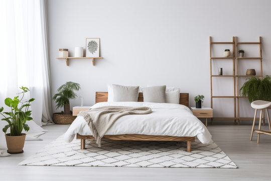 Empty Nordic Style Bedroom with White Walls and Wooden Accents, Generative AI