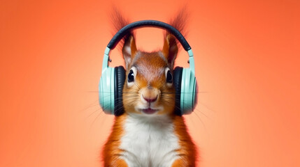  A Playful and Stylish Group of Squirrels Wearing Headphones and Backpacks in an Urban Park - obrazy, fototapety, plakaty