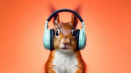 Fotobehang  A Playful and Stylish Group of Squirrels Wearing Headphones and Backpacks in an Urban Park © Mak