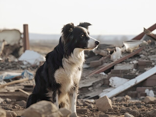 border collie dog searching rubble The dogs in a row are being trained to rescue. Generative AI