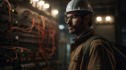 Obraz premium Expert Electrical Engineer Supervising Control Panels for Smooth Operation. Generative AI