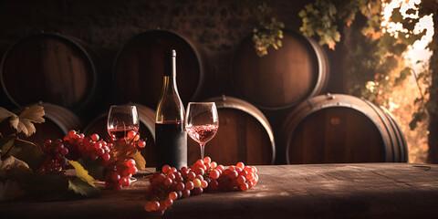 Bottle and glasses of red wine and grapes on the wooden table on background of wooden oak barrels n cellar of winery. AI generated - obrazy, fototapety, plakaty
