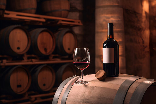 Bottle and glass of red wine on background of wooden oak barrels in cellar of winery, vault. AI generated