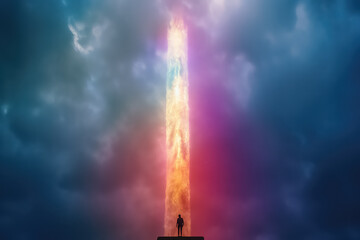 Fototapeta premium man standing in front of the huge rainbow portal gate, AI