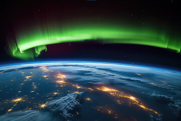 Northern lights on planet Earth. Starry sky with polar lights, Aurora borealis. AI