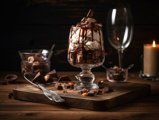 Tasty cold chocolate and vanilla ice cream sundae. Generative AI