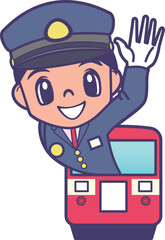 列車から笑顔で手を上げる車掌