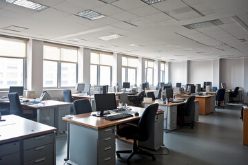 Fototapeta na wymiar Empty Office with Desk and Chairs, Generative AI