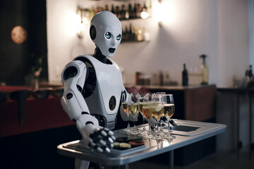 robot waiter serves food and drinks in a cafe.