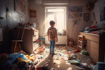 Indoor a child standing in a very messy room, scattered belongings,  furniture disorganized, ai generative - obrazy, fototapety, plakaty