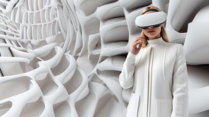 A person in a futuristic virtual reality headset, surrounded by a vibrant data. Generative AI	