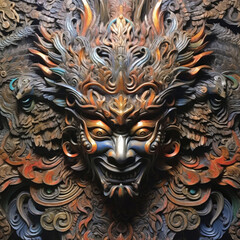 A bronze sculpture of a demon with wings and a face on it, generative AI
