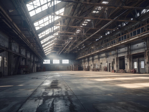 Old empty abandoned rusty metal industrial hangar