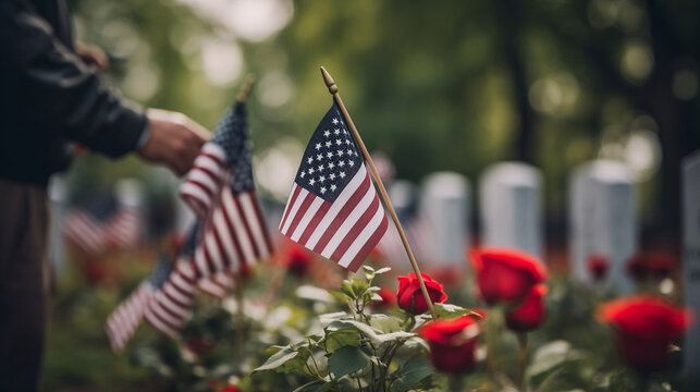 Honoring the Fallen: American Flag Among Beautiful Roses in a Cemetery . Generative AI