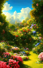 Naklejka na ściany i meble Paradise garden full of flowers, beautiful idyllic background with many flowers in Eden. Generative Ai.