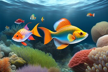 Fototapeta premium Colorful tropical fish swimming in ocean AI generated. 