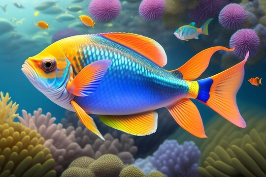 Colorful tropical fish swimming in ocean AI generated.  