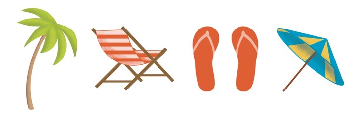 Set of beach items. umbrella, beach chair, palm tree, flip-flops
