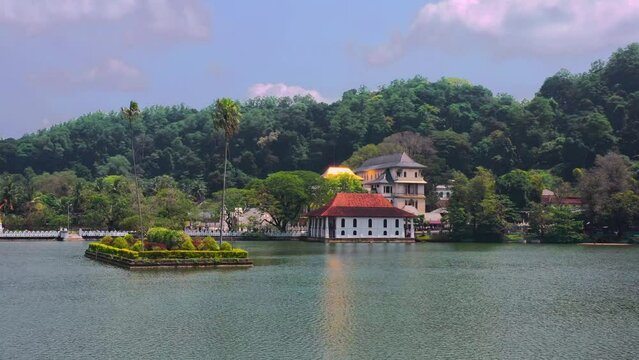 Skyline Aerial View of Kandy Lake and Famous City Landmark Sri Dalada