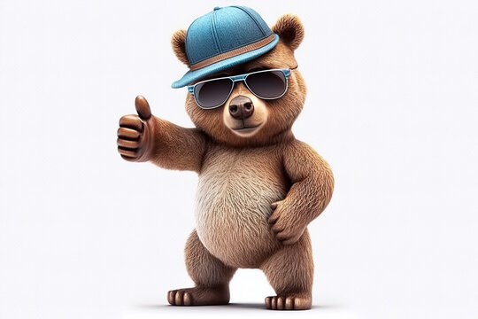 plush toy character stylish teddy bear in hat and sunglasses points with finger on white background. Generative AI illustration