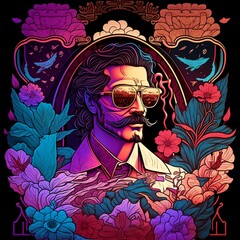 retrowave paper with intricate designs,tarot card ,a mustache man sunglasses. full of golden layers, flowers, cloud, vines, mushrooms, swirles, curves, wave,by Hokusai and Mike Mignola