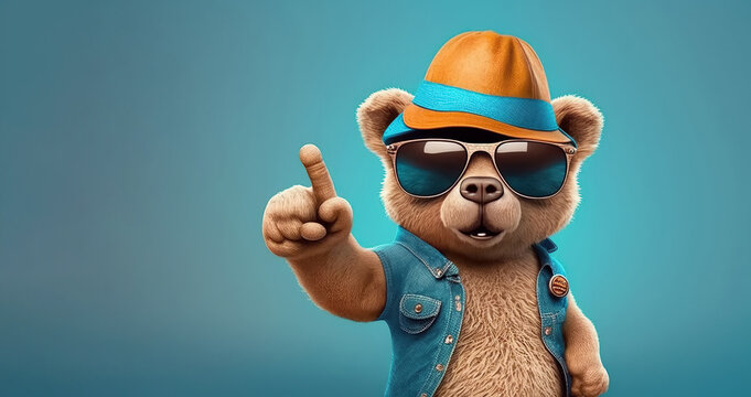 plush toy character stylish teddy bear in hat and sunglasses points with finger on blue background. Generative AI illustration