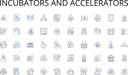 Incubators and Accelerators line icons collection. Computer, Monitor, Keyboard, Mouse, Desktop, Tower, Screen vector and linear illustration. CPU,Hard Drive,Graphics outline signs set