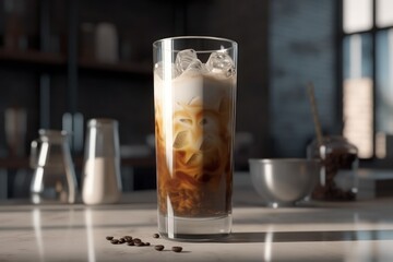 Iced coffee in tall glass, generative ai