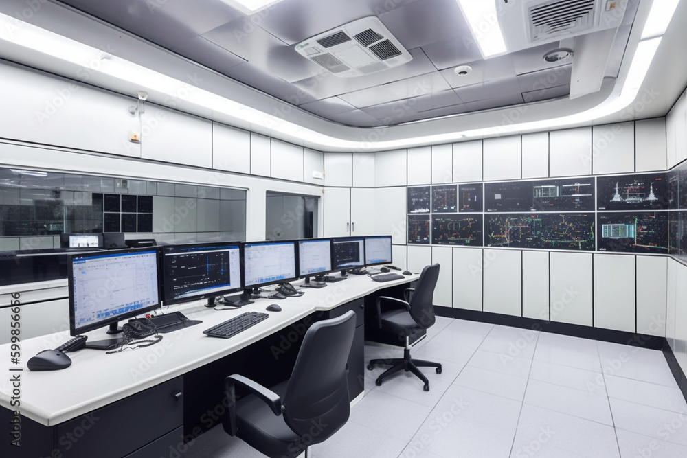 Poster empty security monitoring station in data center, generative ai