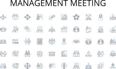 Management meeting line icons collection. Marketing, Advertising, Promotions, Salesmanship, Pitch, Discount, Campaign vector and linear illustration. Conversion,Commissions,Outreach outline signs set