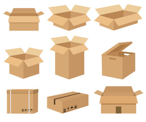 Carton set of recycling cardboard delivery boxes or postal parcel packaging. Carton delivery packaging open and closed box with fragile signs. Vector illustration isolated on white background.