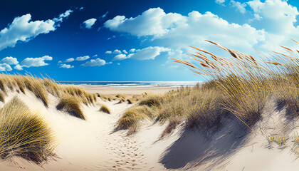 Sand dunes panorama with beach grass. Generative AI - obrazy, fototapety, plakaty