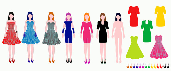 Fototapeta na wymiar Fashionable collection of dresses for women. Models of girls without a face. Fashion show. Set of beautiful dresses and shoes. Spring and summer. Advertising. Cut out of paper. Design. Vector illustra