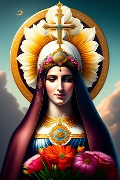 Fhoto Our Lady of Fatima with flowers background 