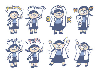 白衣を着た女性のコミカルでかわいい全身イラストコレクション。カラーイメージ