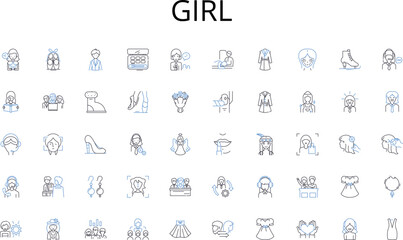 Girl line icons collection. Boutique, Market, Emporium, Storefront, Retailer, Outlet, Showroom vector and linear illustration. Mall,Boutique,Giftshop outline signs set
