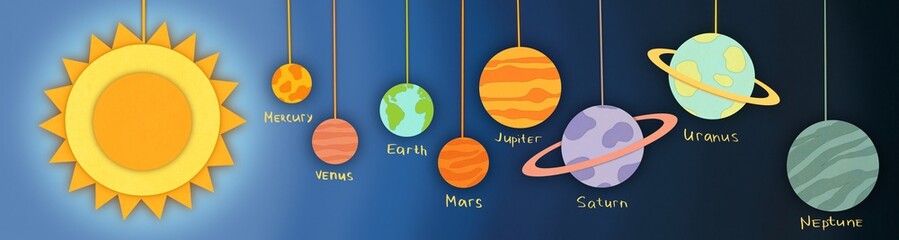 Milky Way solar system model. Planets Mercury Venus Earth Mars Jupiter Saturn Uranus Neptune in orbit of sun. Educational diagram for children in cut paper style. Science Astronomy in cartoon for kids © Kisandaya