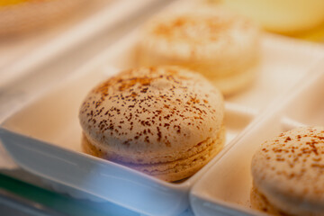 Fresh Macaron cookie close up in a bakery