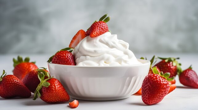 Delicious strawberries in a bowl with whipped cream Generative AI