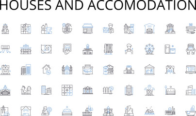 Houses and accomodation line icons collection. Retention, Satisfaction, Advocacy, Trust, Commitment, Loyalty, Rewards vector and linear illustration. Engagement,Dependability,Referrals outline signs