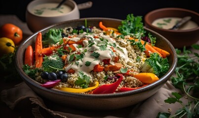  a bowl of food with vegetables, rice, and dressing.  generative ai