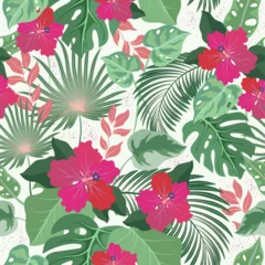 Tuinposter seamless pattern with tropical bright flowers and leaves © mirifadapt