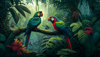 tropical rainforest with parrots. Generative AI